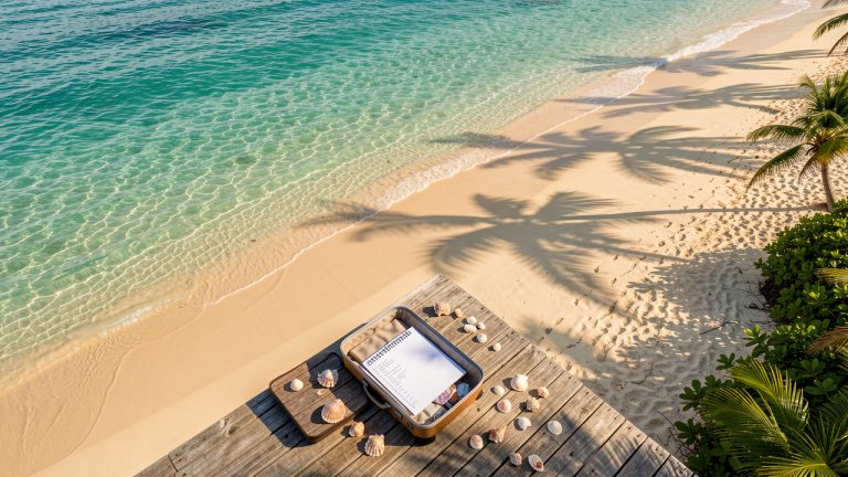 Vue aérienne d’une île des Caraïbes avec une plage turquoise, valises ouvertes et une carte d’itinéraire au bord de la mer, ambiance voyage tropicale au soleil.