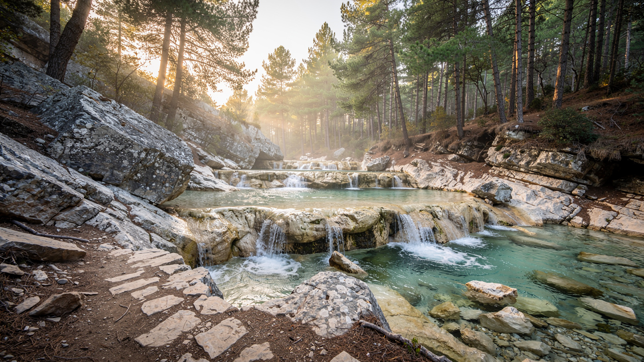 Sentier rocheux menant aux cascades de Purcaraccia, avec vasques naturelles d’eau claire et pins en arrière-plan, lumière dorée et rochers humides.