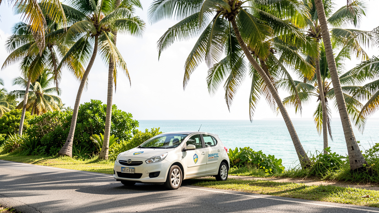Voiture de location sur une route tropicale en Martinique, palmiers et végétation luxuriante, mer turquoise en arrière-plan, lumière ensoleillée de fin d’après-midi, ambiance calme et tropicale.