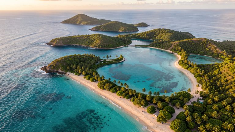 Vue aérienne de petites îles caribéennes : mer turquoise, plages de sable bordées de palmiers et lagons aux reflets naturels, ambiance de voyage tropicale.