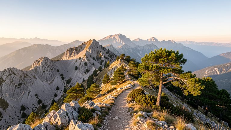 Vue panoramique des aiguilles de Bavella avec un sentier de randonnée qui serpente et des pins corses baignés par le soleil.