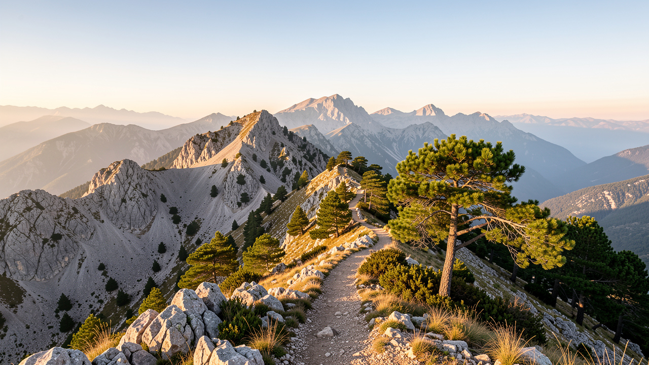Vue panoramique des aiguilles de Bavella avec un sentier de randonnée qui serpente et des pins corses baignés par le soleil.