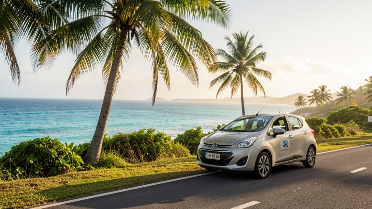 Voiture de location garée sur une route côtière en Martinique, palmiers et mer turquoise au soleil, ambiance de voyage tropical.