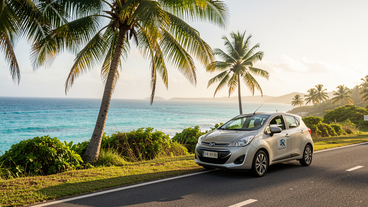 Voiture de location garée sur une route côtière en Martinique, palmiers et mer turquoise au soleil, ambiance de voyage tropical.