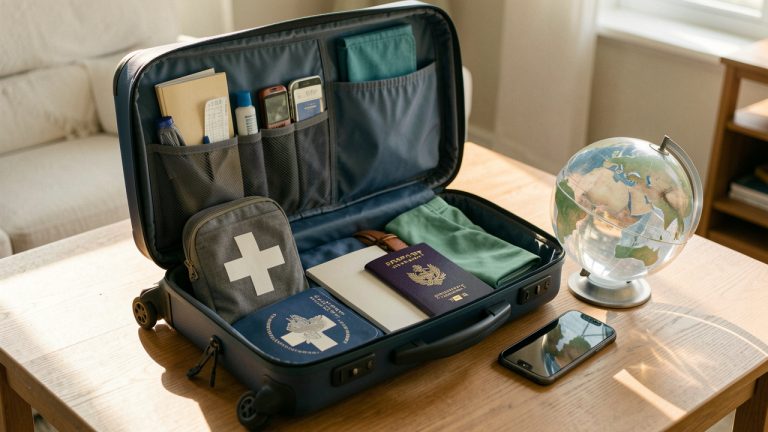 Valise ouverte avec accessoires de voyage, trousse de premiers secours et globe protecteur évoquant une couverture complète avant le départ.
