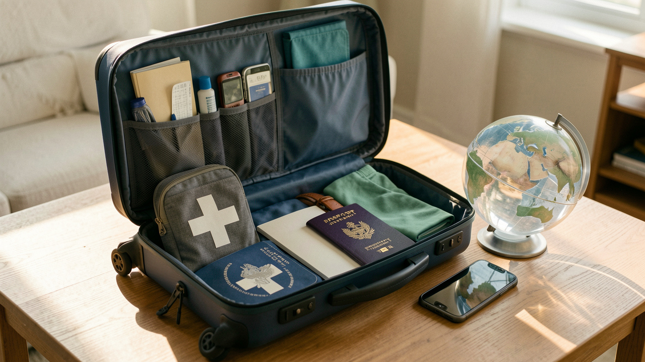 Valise ouverte avec accessoires de voyage, trousse de premiers secours et globe protecteur évoquant une couverture complète avant le départ.