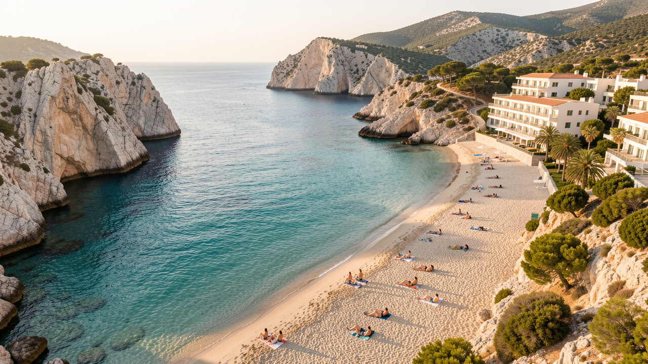 Vue aérienne réaliste de criques turquoise à Majorque en septembre, avec un hôtel discret en bord de mer et des voyageurs sur la plage dans une lumière chaude.