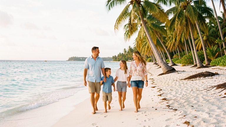 Une famille avec un homme, une femme, un jeune garçon et une jeune fille profite d’une plage calme du sud de la Martinique, au bord d’une eau turquoise bordée de palmiers sous une lumière naturelle.