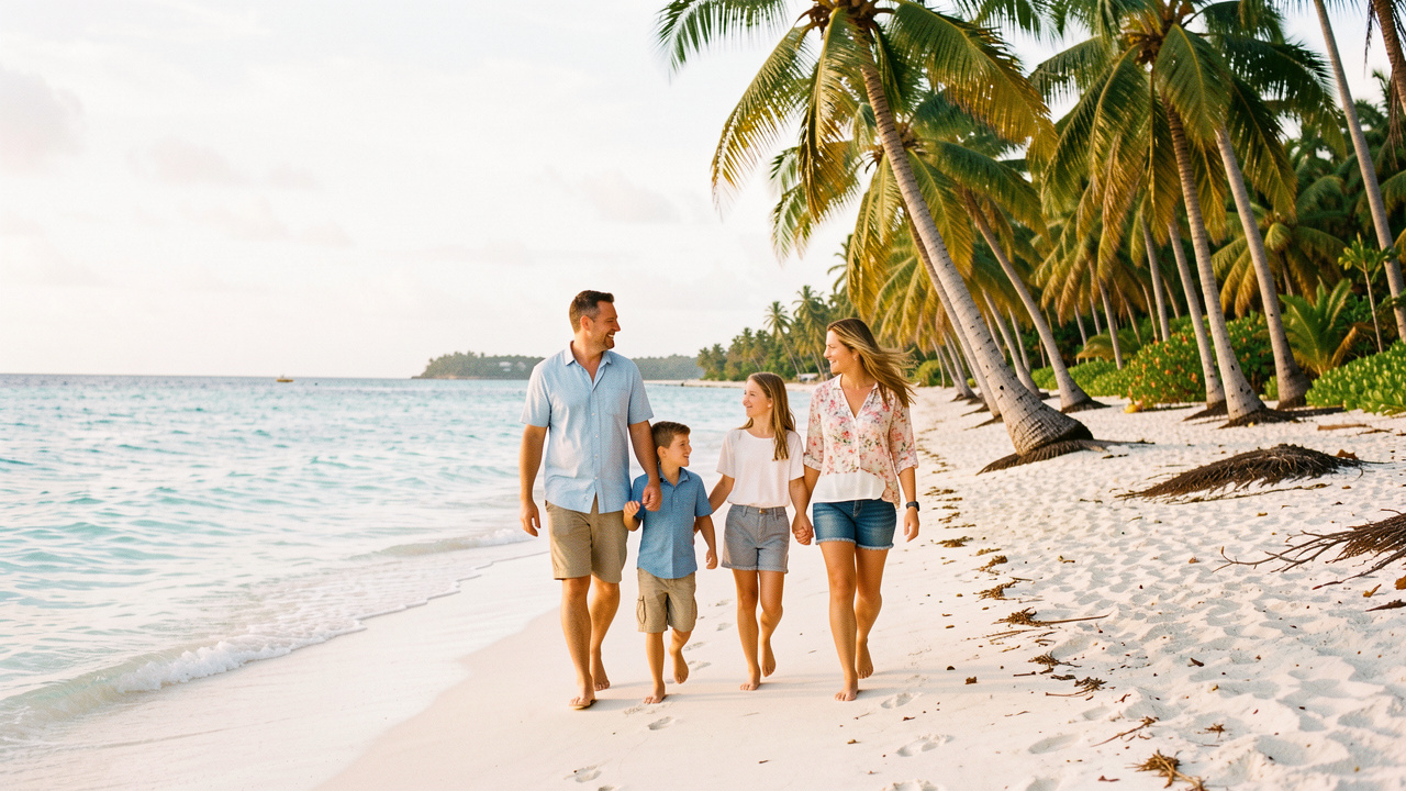 Une famille avec un homme, une femme, un jeune garçon et une jeune fille profite d’une plage calme du sud de la Martinique, au bord d’une eau turquoise bordée de palmiers sous une lumière naturelle.