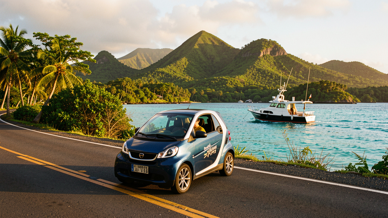 Voiture circulant sur une route côtière de Martinique tandis qu’un bateau d’excursion navigue sur une mer turquoise.