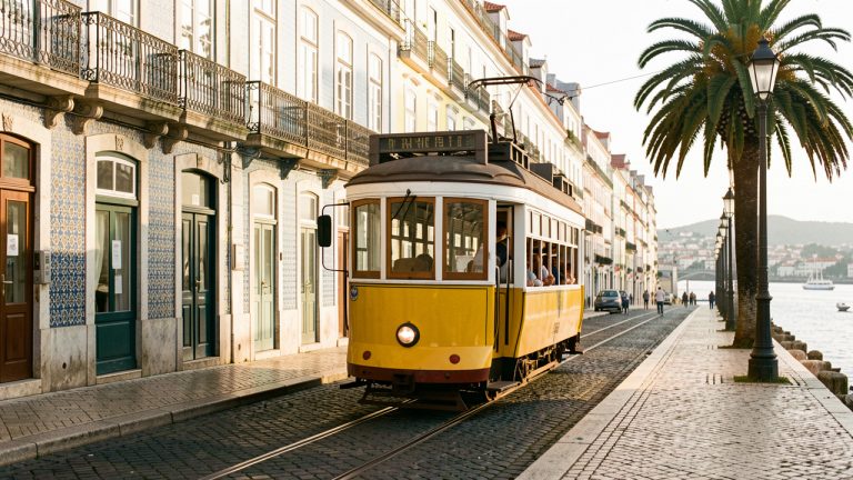 Vue d’une rue colorée de Lisbonne depuis un tramway jaune, avec des façades carrelées, des balcons fleuris et le Tage au loin.