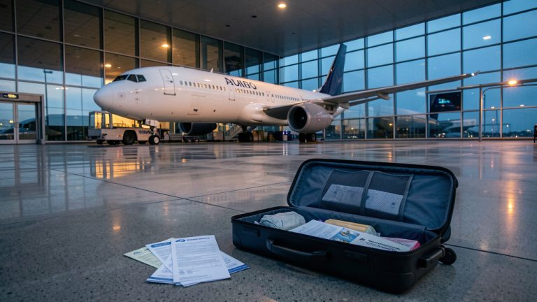 Avion immobilisé devant un terminal d’aéroport avec une valise ouverte, illustrant l’annulation d’un vol avec correspondance et les frais à rembourser.