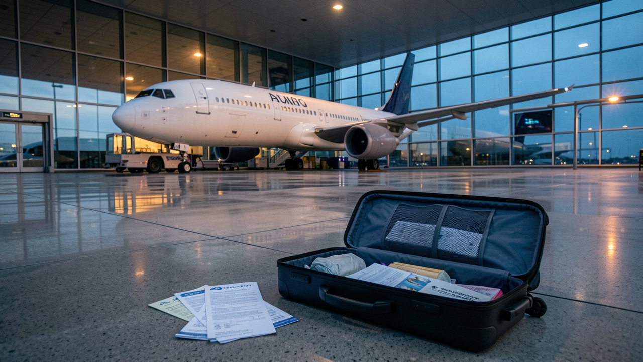 Avion immobilisé devant un terminal d’aéroport avec une valise ouverte, illustrant l’annulation d’un vol avec correspondance et les frais à rembourser.
