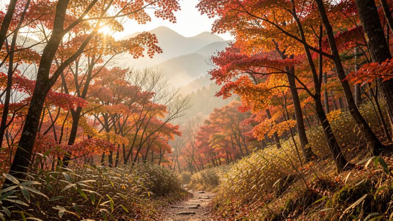 Forêt de montagne sud-coréenne aux érables rouges et orangés, traversée par un sentier de randonnée au lever du soleil.