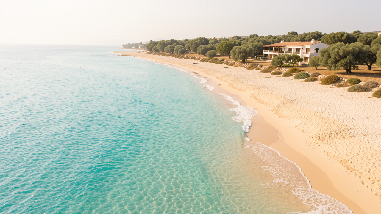 Vue aérienne d’une plage crétoise aux eaux turquoise et au sable doré, avec un hôtel discret entouré d’oliviers en arrière-plan sous une lumière douce de septembre.