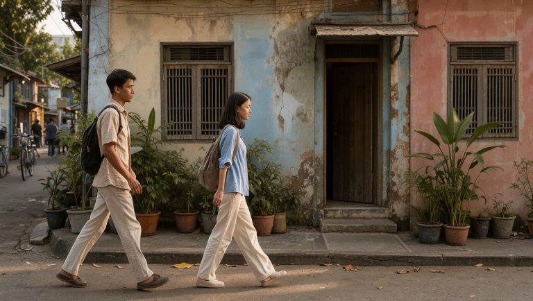 Rue calme de Hanoï au petit matin, devant une modeste maison d’hôtes vietnamienne, avec un homme et une femme portant des sacs à dos dans une atmosphère chaleureuse.