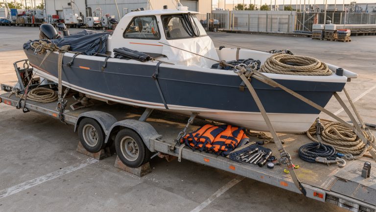 Bateau à moteur sécurisé sur une remorque, entouré de cordages, de protections et d’équipements de sécurité avant son transport.