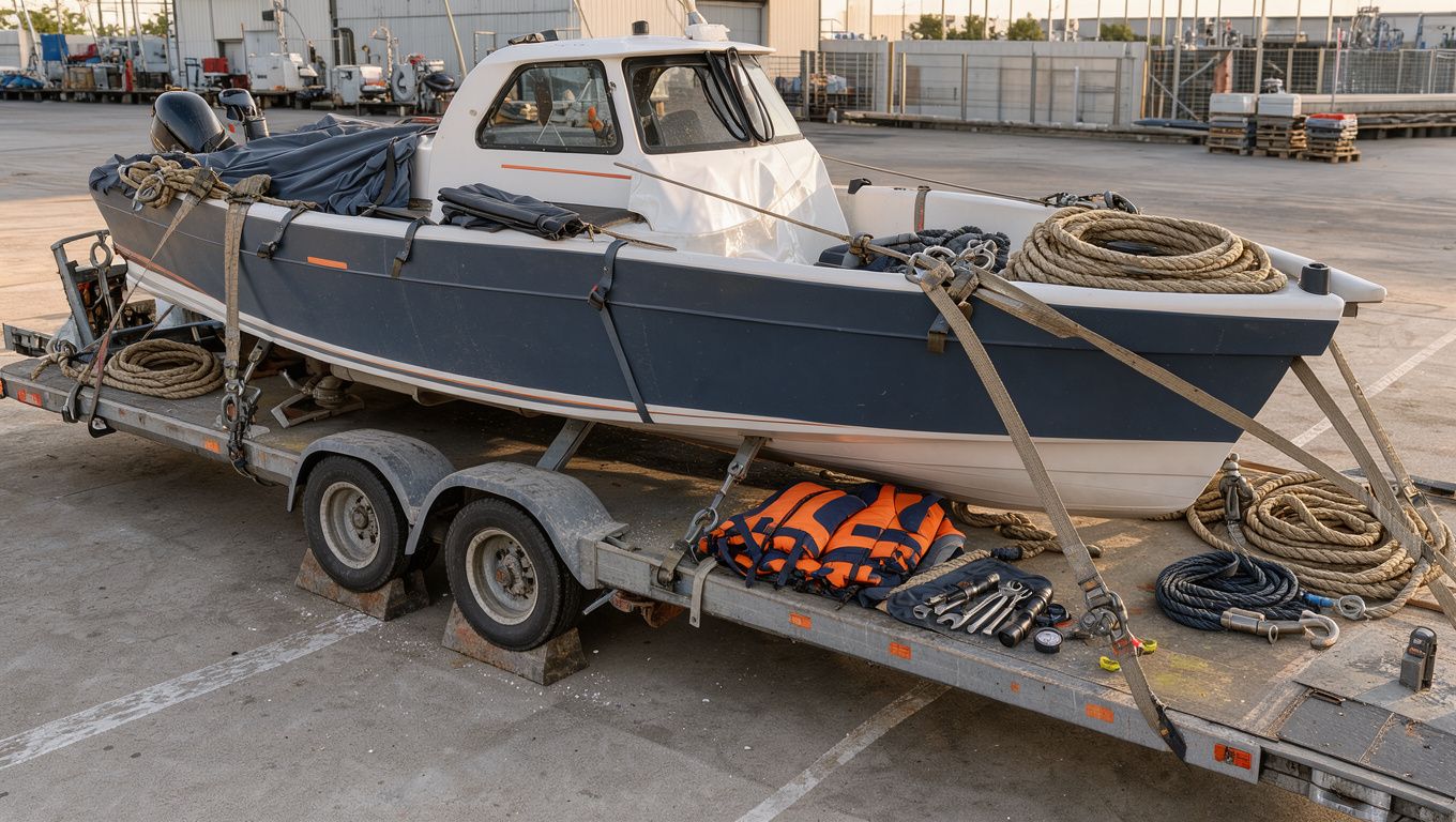 Bateau à moteur sécurisé sur une remorque, entouré de cordages, de protections et d’équipements de sécurité avant son transport.